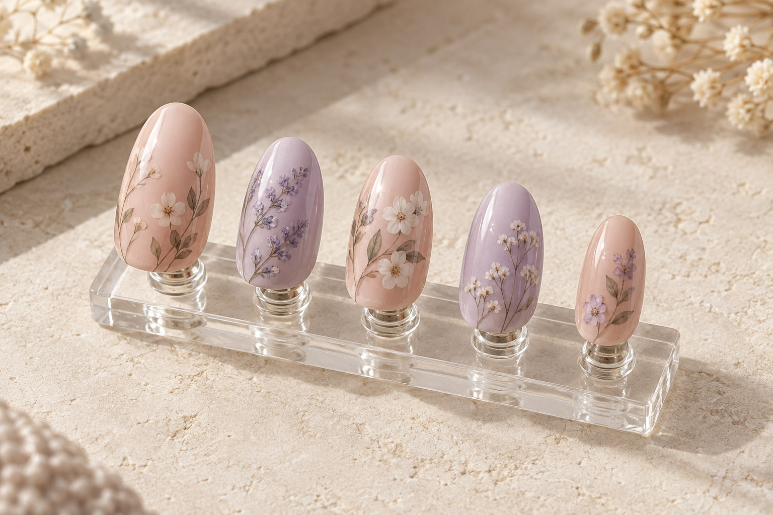 AI concept of five floral press-on nail designs; production compatibility is not confirmed