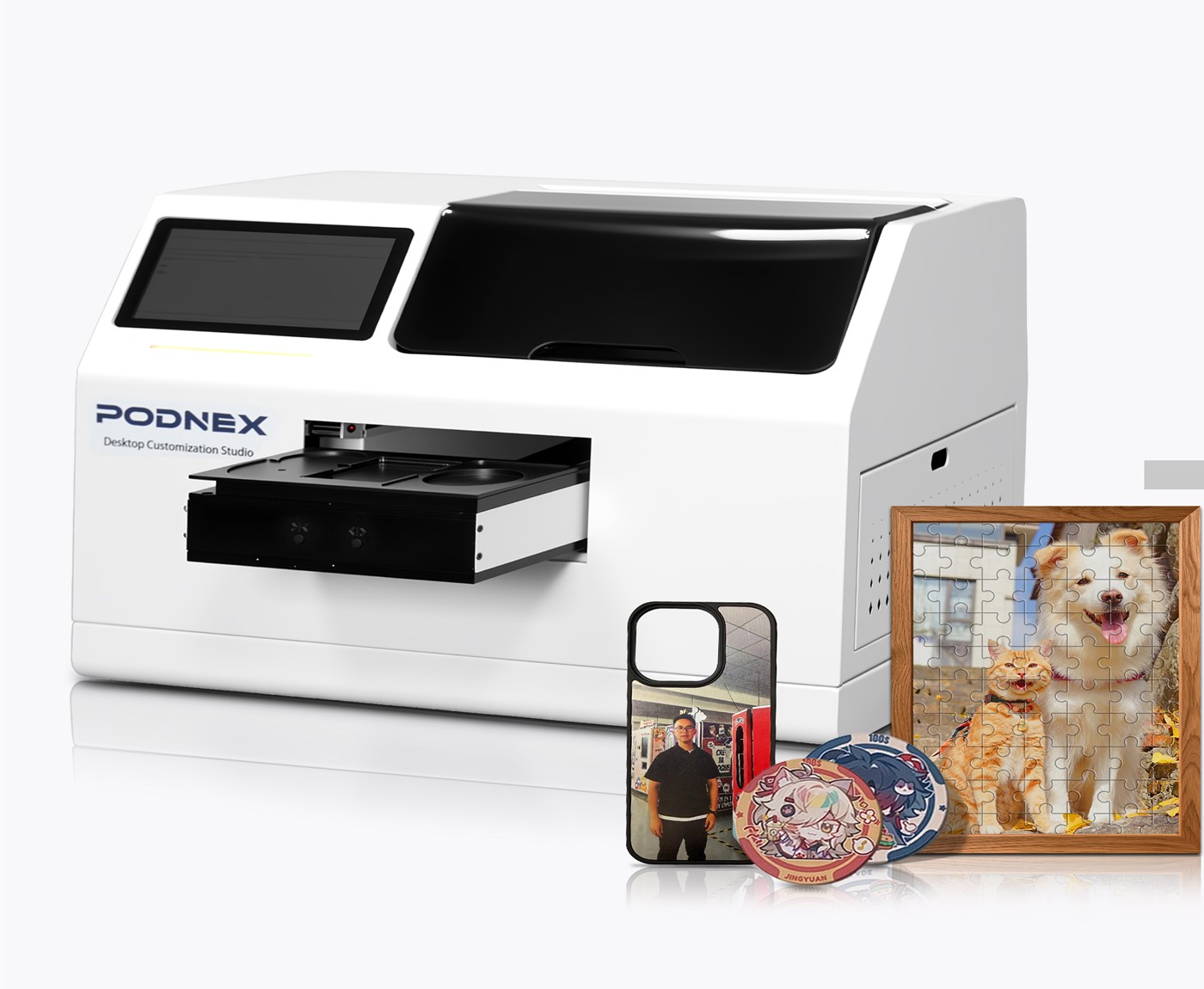PODNEX U1 AI desktop customization printer with personalized product examples
