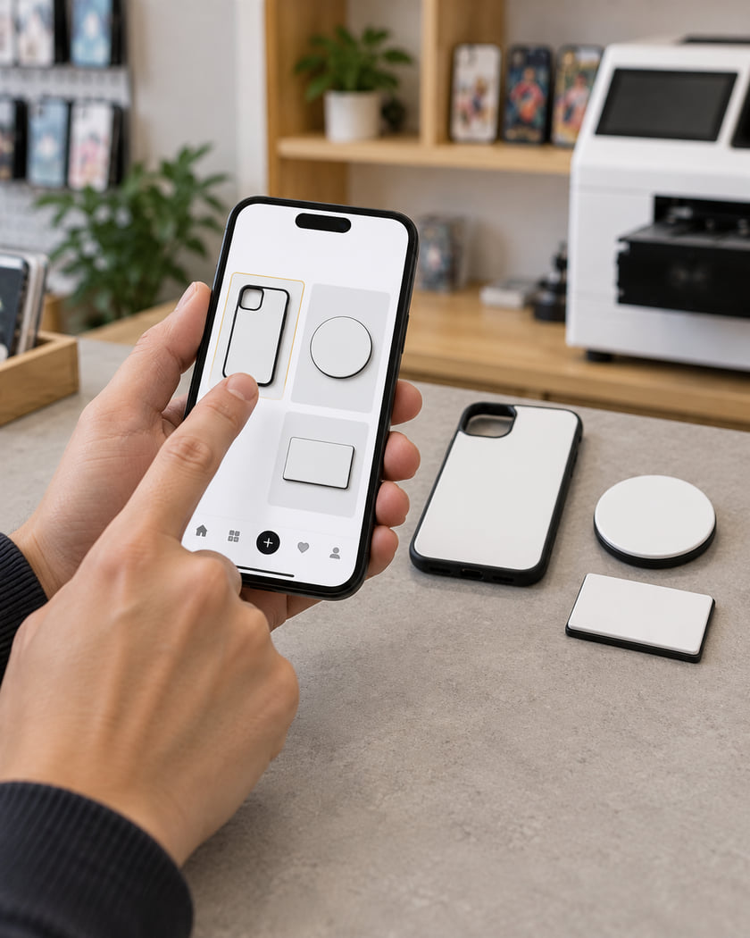 Illustration of a customer choosing a phone case from a product catalog on a smartphone.
