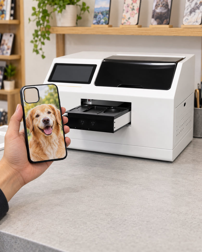 Illustration of a finished golden retriever phone case held beside a PODNEX U1-style desktop printer.